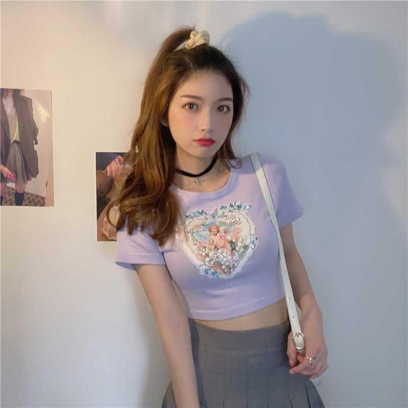 Elegant Angels Aesthetic Vintage T-shirts For Women With 90s Graphic Korean Style