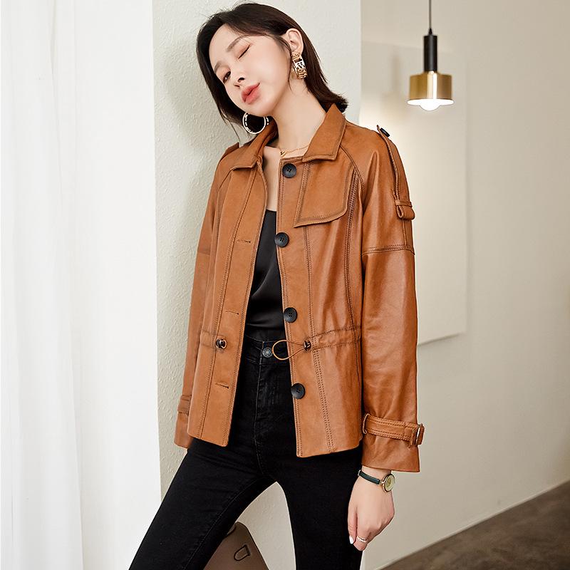 Women's Genuine Leather Waist-Cinching Motorcycle Jacket - Spring/Autumn 2026 European American Style