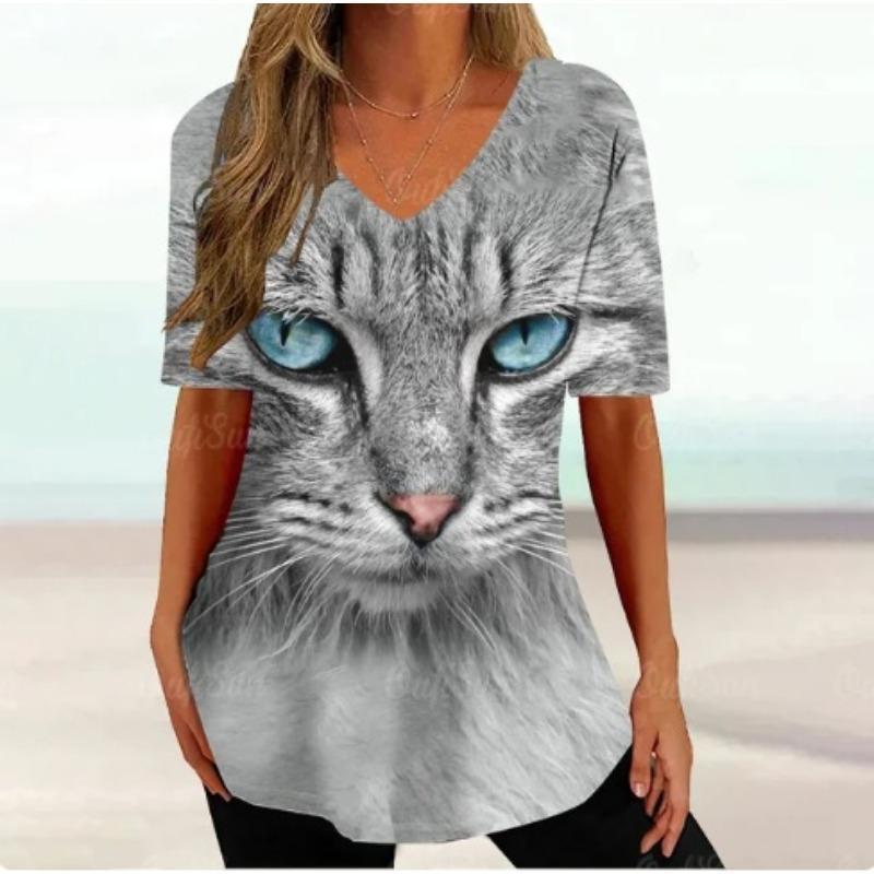 Summer V-neck 3D Cartoon Cat Printed Top Fashionable Casual Short Sleeved Women's T-shirts