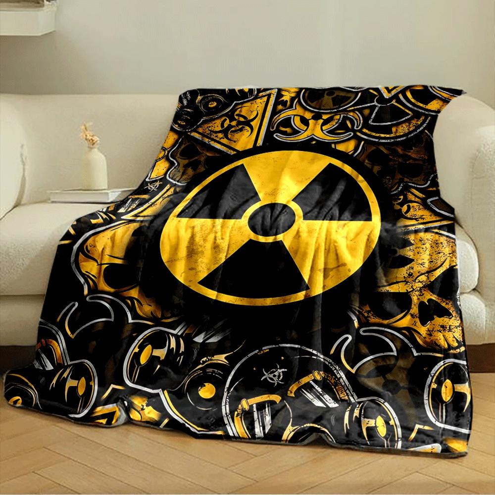 Yellow and black radioactive, biohazard symbols, gas masks, and skulls. for all seasons blanket lunch break throw gift