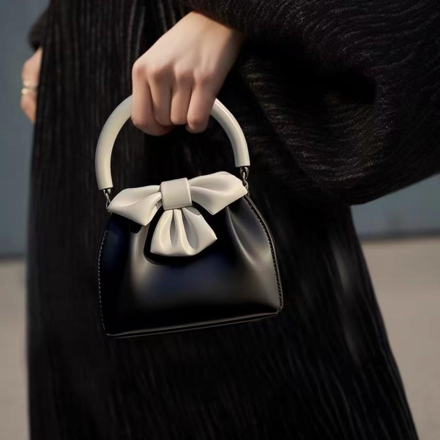 Women's Black Bow Pleated Color Block Handbag - 2025 French Chic
