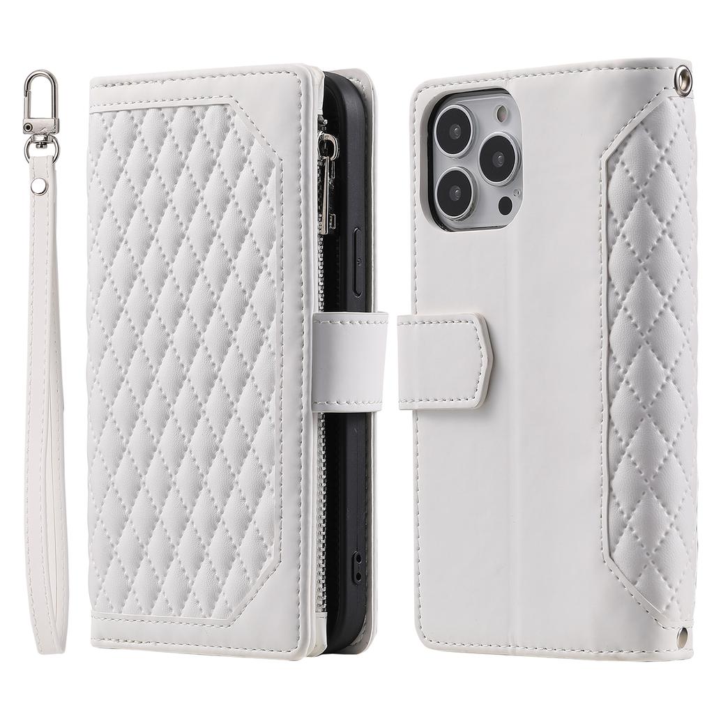 Style 005 For iPhone 16 Pro Zipper Wallet Case Rhombus Stitching Line PU Leather Phone Cover