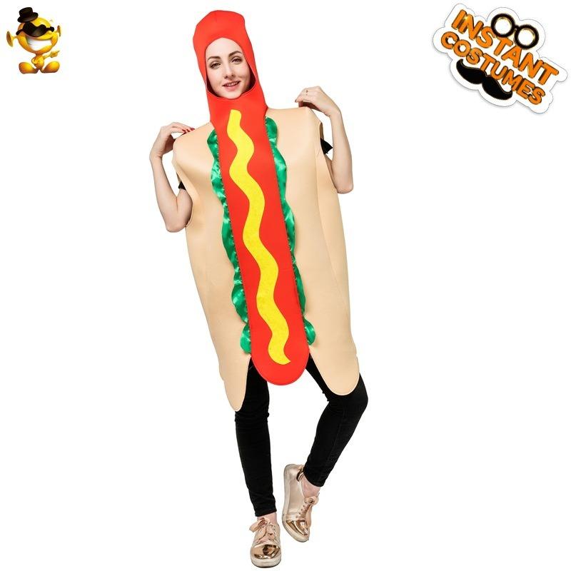 Adult men's and women's funny hot dog party costumes, spoof food couple's stage performance clothes hot dog onesie
