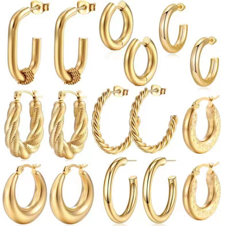 European and American Gold Combination Set Stainless Steel Earrings, Simple Trend Women's Geometric Retro Titanium Steel Earrings