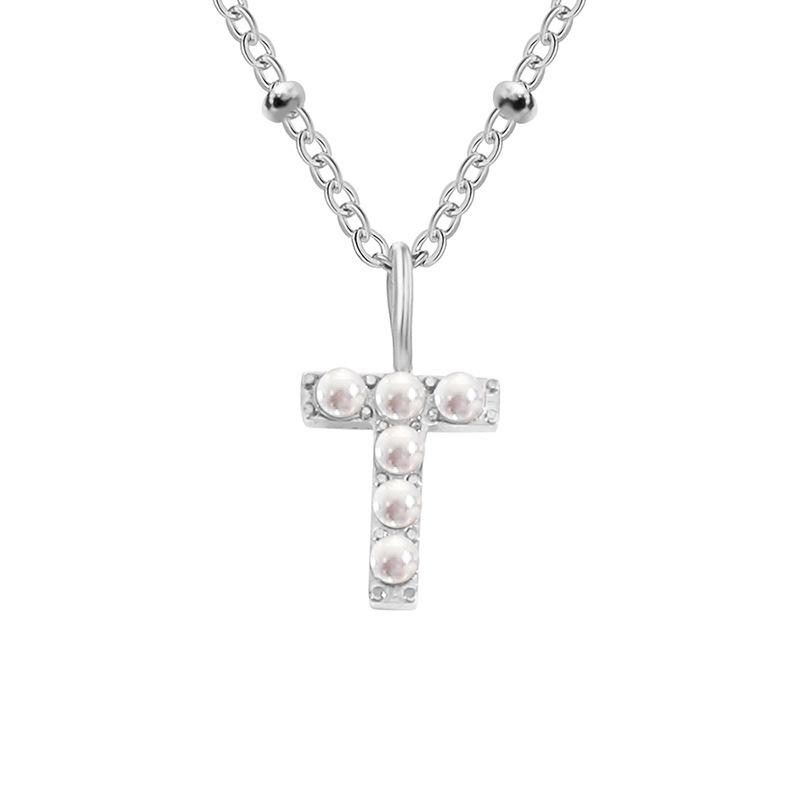 St. Delan Elegant Clavicle Chain Necklace with 26 Pearl Letter Pendants in Stainless Steel