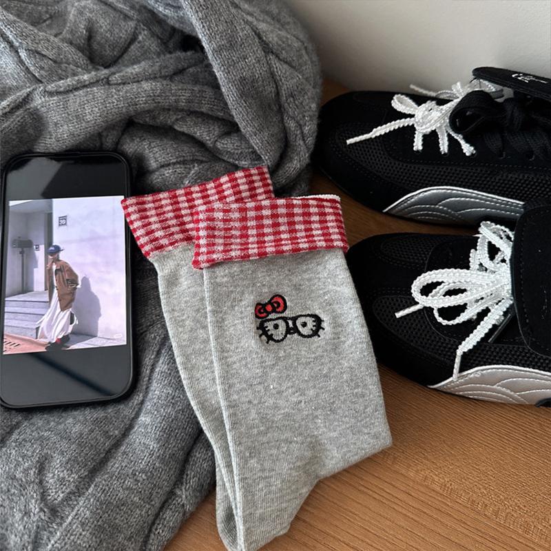Cartoon Cute Cat Mid-Calf Socks Korean Versatile Casual Plaid Socks For Women