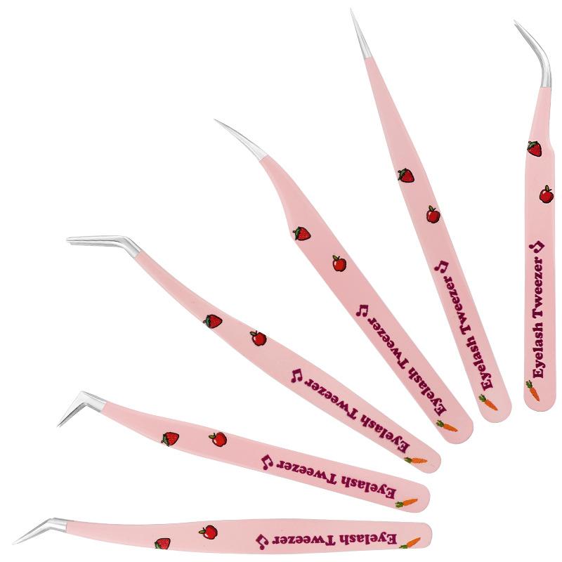 Pink Strawberry Tweezers False Eyelashes Grafting Tweezers High Precision Stainless Steel Eyelash Tweezers Color Hand Account Tweezers