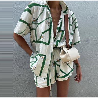 Printed Loose Short Sleeved Shirt+Elastic Waisted Shorts Women's 2-piece Set Cotton Casual Suit 2025 Summer