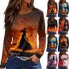 Women's Halloween Print Long Sleeve Top with Side Slit Round Neck for Casual Everyday Wear