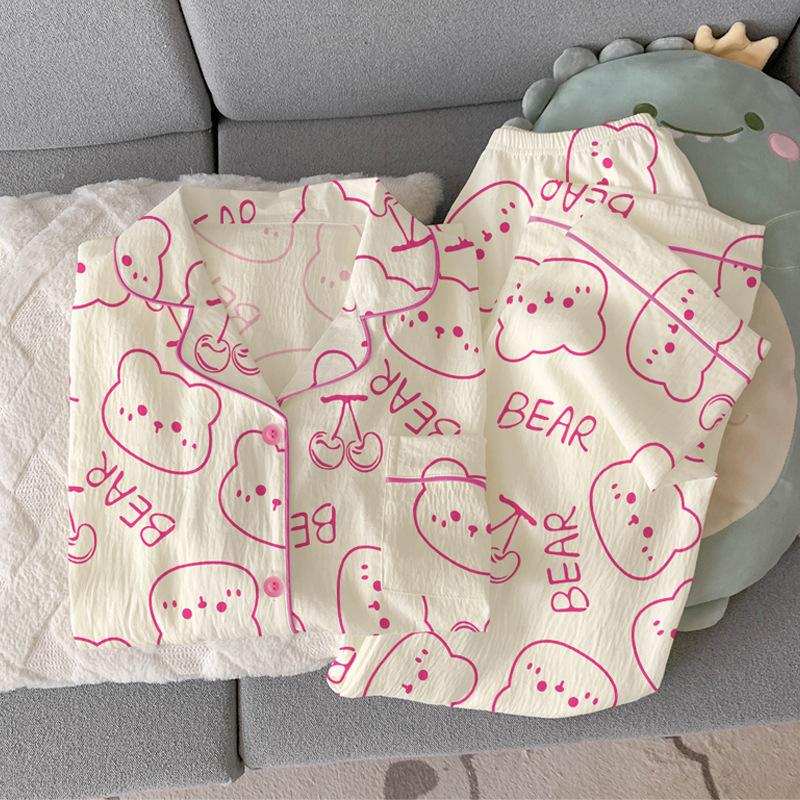 Cute Bear Cloud Cotton Pajamas Women'S Summer Short-Sleeved Trousers Sweet Loungewear Suit Can Be Worn Outside