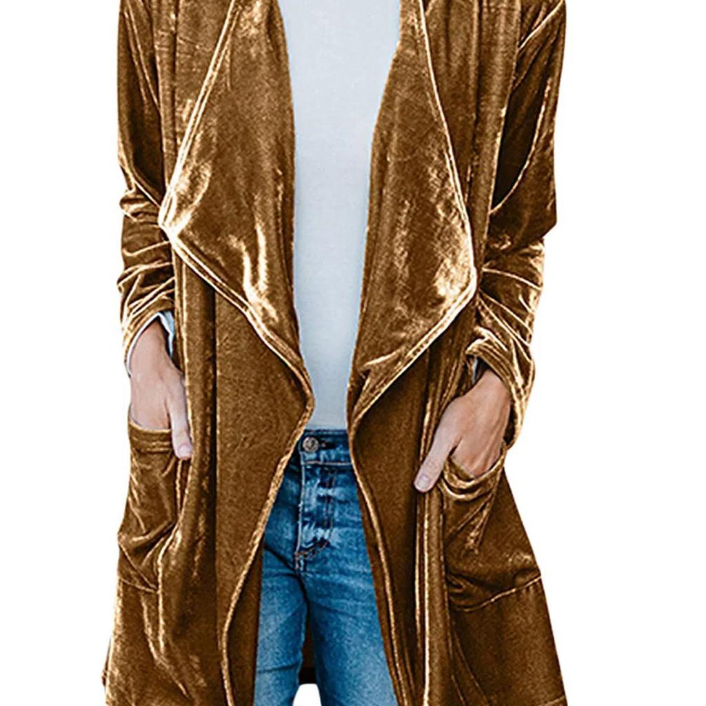 Damen Uni Langarm Samtjacke Offene Vorderseite Strickjacke Mantel mit Taschen Oberbekleidung