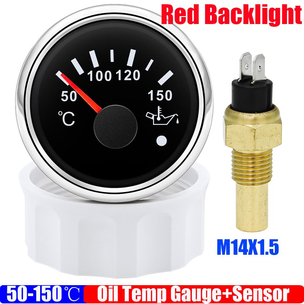 Auto Car Boat 2" 52mm Oil Temperature Gauge with Warning Red Light 50~150℃ Oil Temp Meter+Sensor 1/8NPT M14X1.5 DC12V 24V
