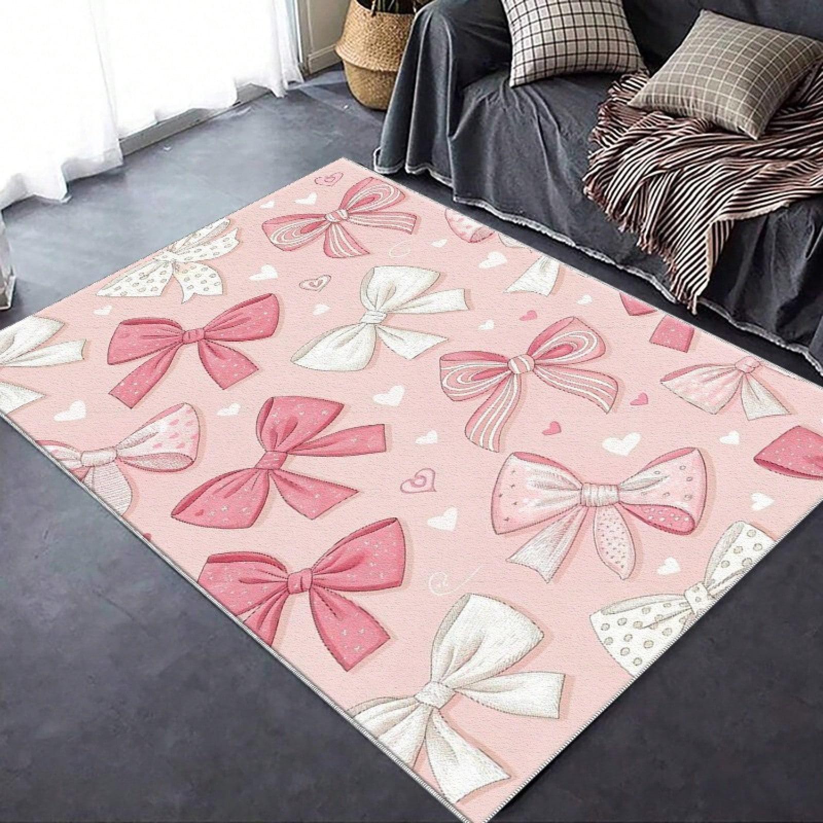 

VIKAMA Pink And White Bow Design Carpet, Lightweight Suitable For Bedroom, Living Room, Balcony, Corridor, Office, Room Decor 50X80CM (1.6X2.6FT