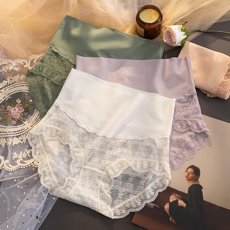 Ice Seamless Silk High Waist Lace Panties With Tummy Control Cotton Crotch For Women Teens