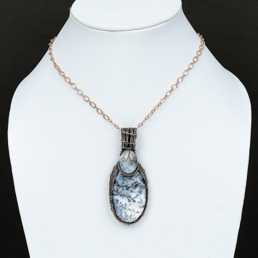 Dendrite Opal Pendant Copper Wire Wrapped Pendant Rainbow Moonstone Gemstone Jewelry Healing Stone Pendant Handmade Copper Wire Wrap Jewelry