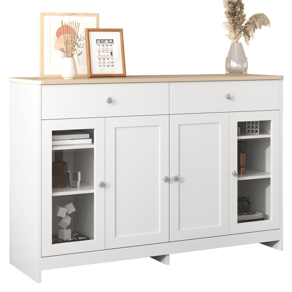 Sideboard with White Wood Grain, Four Doors, with Two Drawers, Door with Glass. Living Room, Dining Room. Wood Color and White