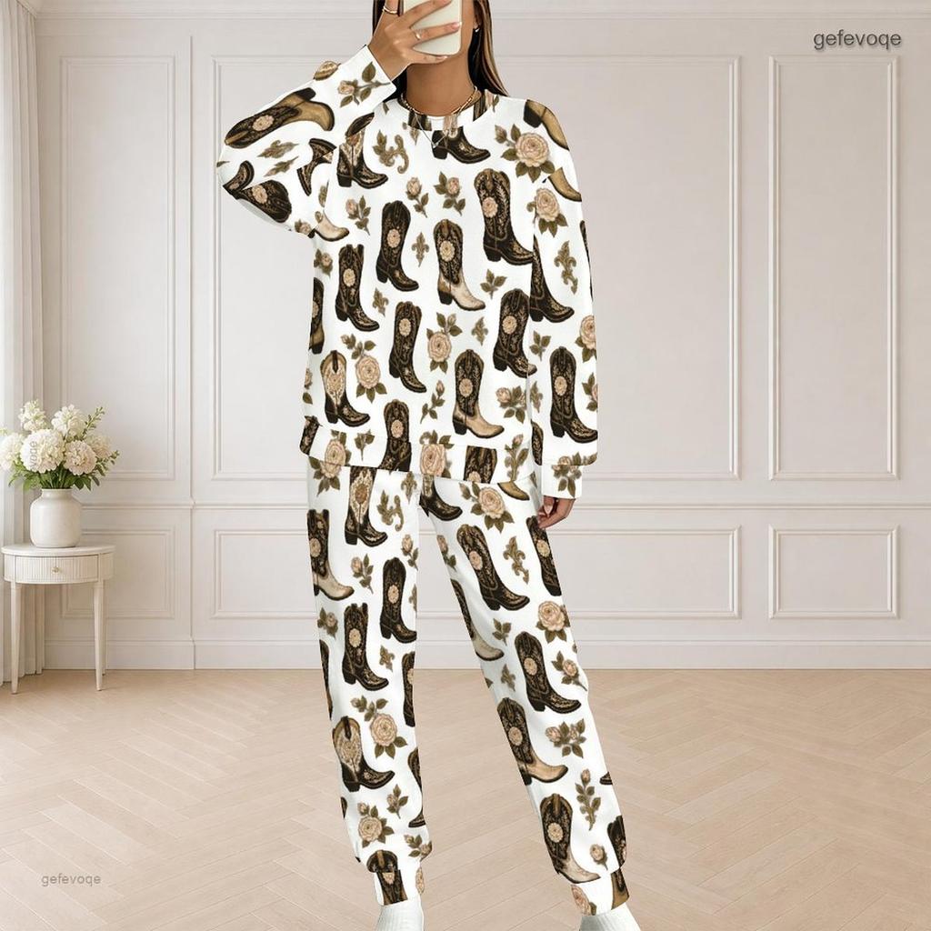 Women Plus Size Printed Round Neck Long Sleeve Top With Pockets And Long Pants Set