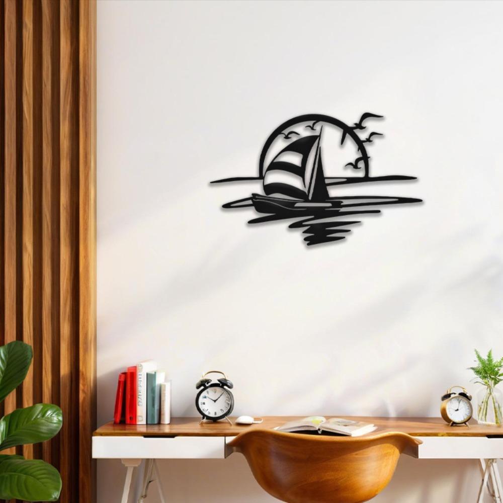 15.75" Sunset Sailboat Seagull Iron Wall Art, Coastal Ocean Decor for Indoor Outdoor Living Room Patio