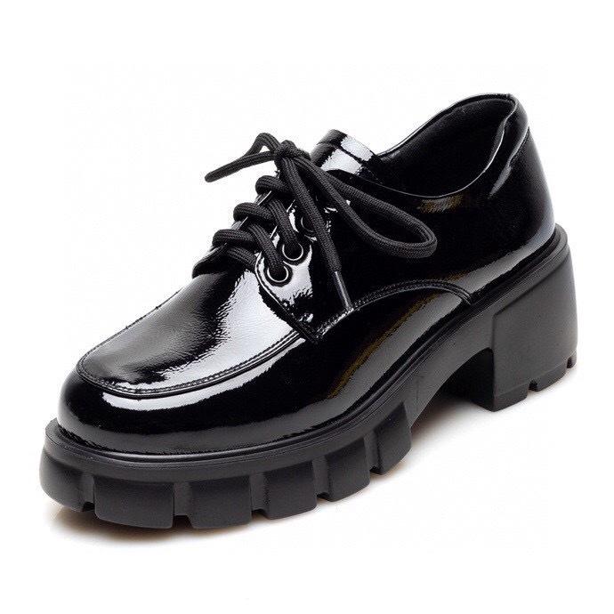 Women's Shoes Spring New Thick-soled First-layer Cow Patent Leather Muffin Bottom Deep-mouth Lace-up Single Shoes