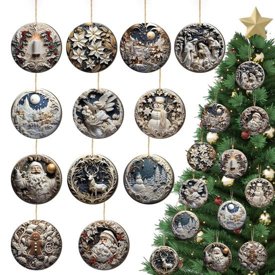 Christmas Wooden Ornaments Round Vintage Nativity Scene Santa Snowman Hanging Decoration for Xmas Tree Winter Party Home Decor