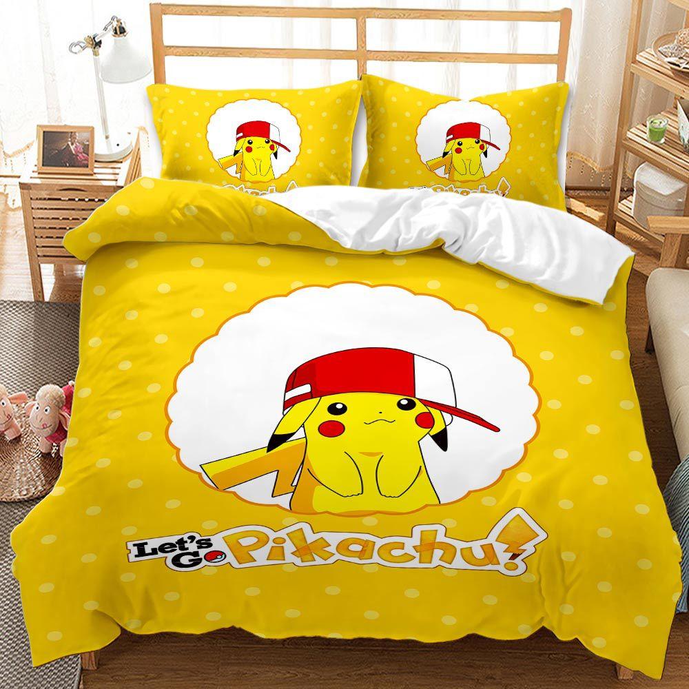 Cute Pikachu Animation Image 3D Digital Printing Bedding Three-Piece Set