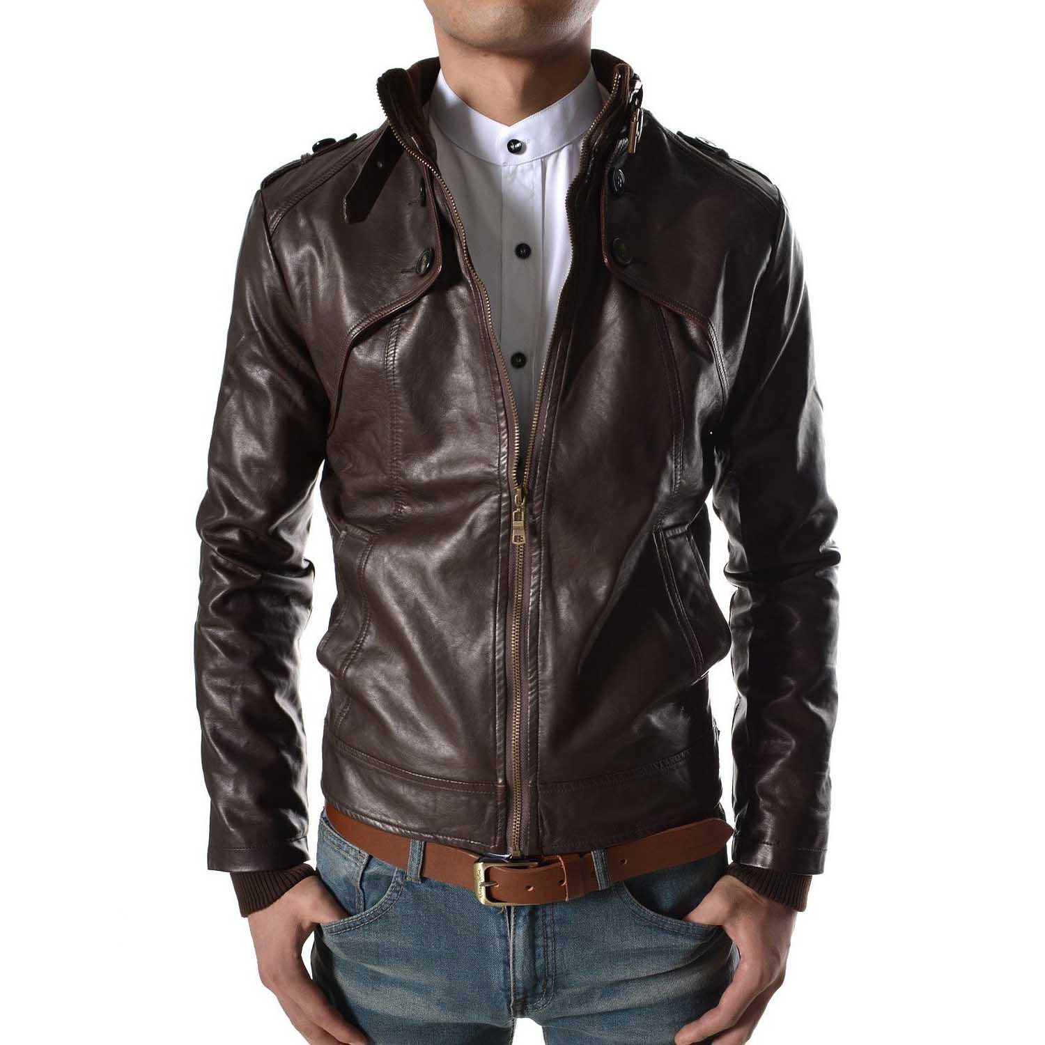 

SkinOutfit Men s Genuine Lambskin Brown Leather Jacket Stylish Motorcycle Bomber Biker Outerwear MJ 131 XL коричневий