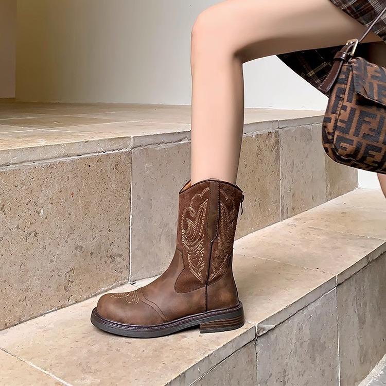 Maillard Brown Boots Women's Summer Western Cowboy Boots 2025 New Retro Thick Heel Martin Boots Knight Boots