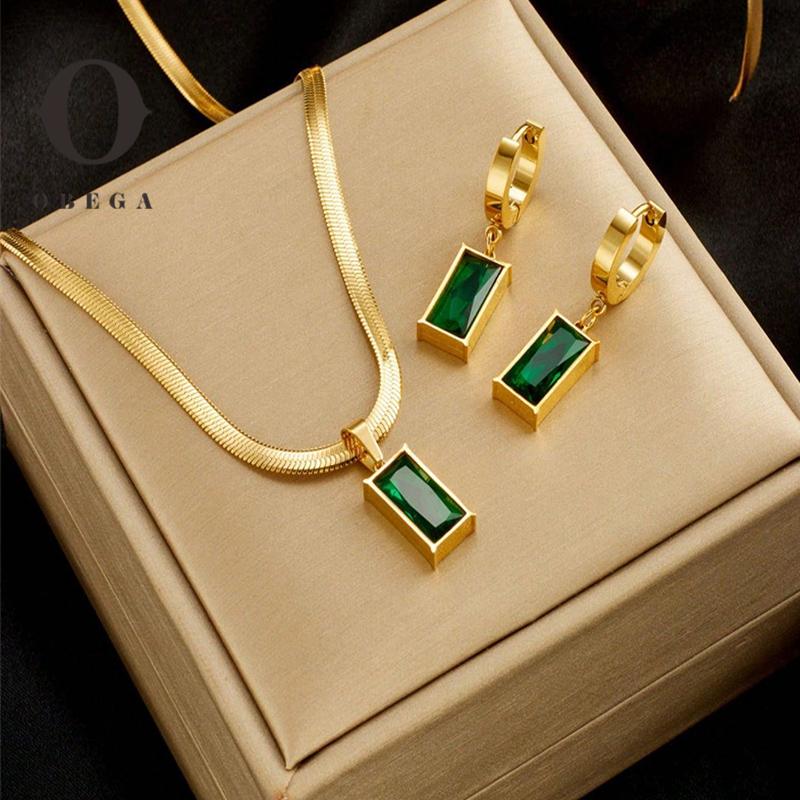 

Obega 2 PCS Jewelry Set Rectangle Green Cubic Zircon Pendant Necklace Hoop Earrings For Women Exquisite Gold Color Color Jewelry
