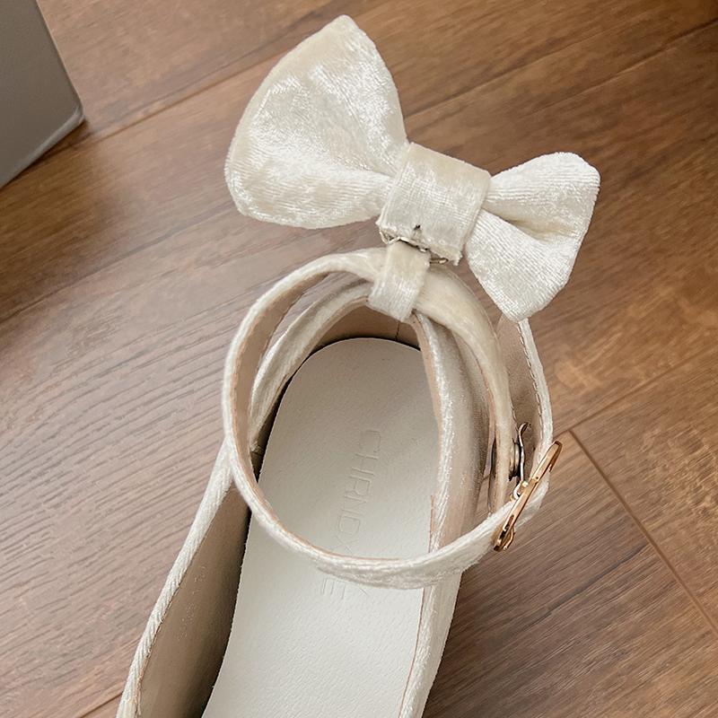 2024 Nœud Mary Jane Escarpins Femme Chaussures Talons Hauts Épais Chaussures Féminines Lolita Bout Carré Chaussures Mode Printemps Fête Cuir Chaussures Femme