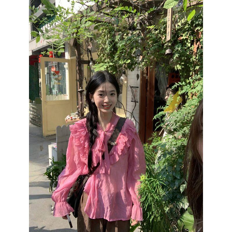 Kumikumi Sweet French Style Ruffles Long Sleeves Shirt Women's Autumn Ruched Loose Thin Type Sunscreen Tops