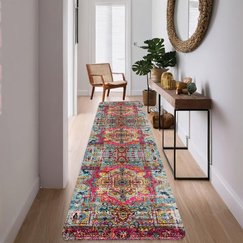 VIKAMA Bohemian Corridor Area Rug Vintage Pattern Corridor Balcony Floor Mat Anti-Slip Kitchen Bedroom Long Rug Home Decoration
