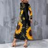 Women Plus Size V Neck Long Sleeve White Floral Printed A Line Midi Dress With Pockets
