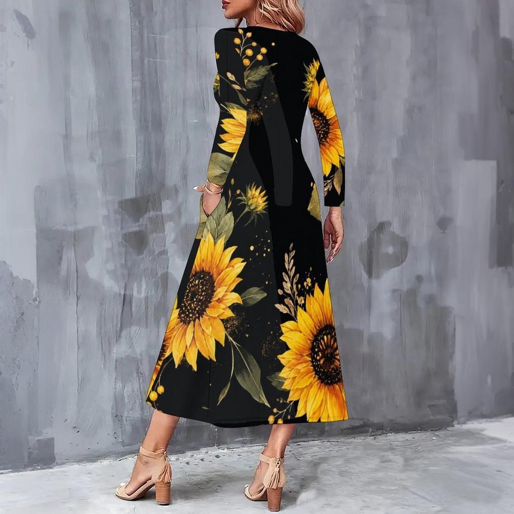Women Plus Size V Neck Long Sleeve White Floral Printed A Line Midi Dress With Pockets