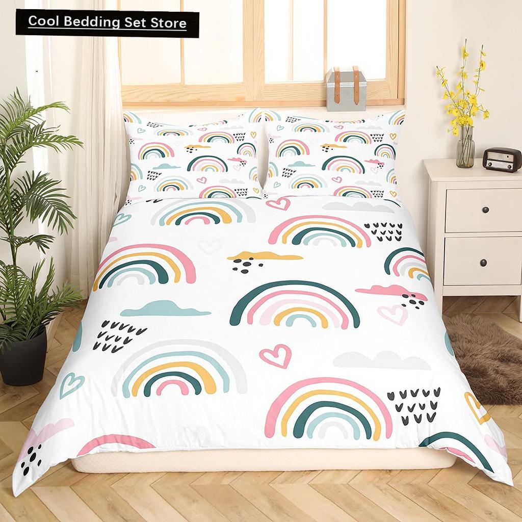 Cartoon Regenbogen König Königin Bettbezug Kinder Mädchen Bunte Wolken Bettwäsche Set Liebesherz Bettdeckenbezug Polyester Steppdeckenbezug