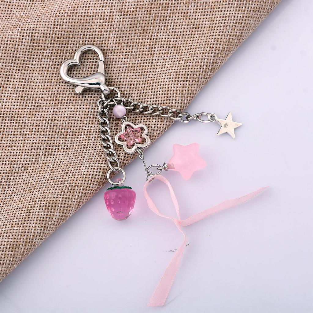 Exquisite Pink Strawberry Bow Keychain Y2k Fashion Star Flower Tassel Heart Keyring Phone Charm Pendant Beaded Chain Women Gift