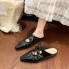 Women's Fashion Slippers 35-40 Pointed Toe Square Heels Thin Strap Bow Fashion Sandals Soft Leather Comfortable with Skirt Shoes