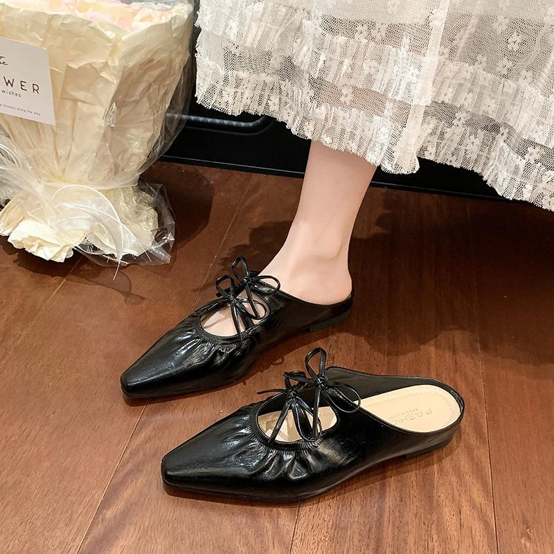 Women's Fashion Slippers 35-40 Pointed Toe Square Heels Thin Strap Bow Fashion Sandals Soft Leather Comfortable with Skirt Shoes