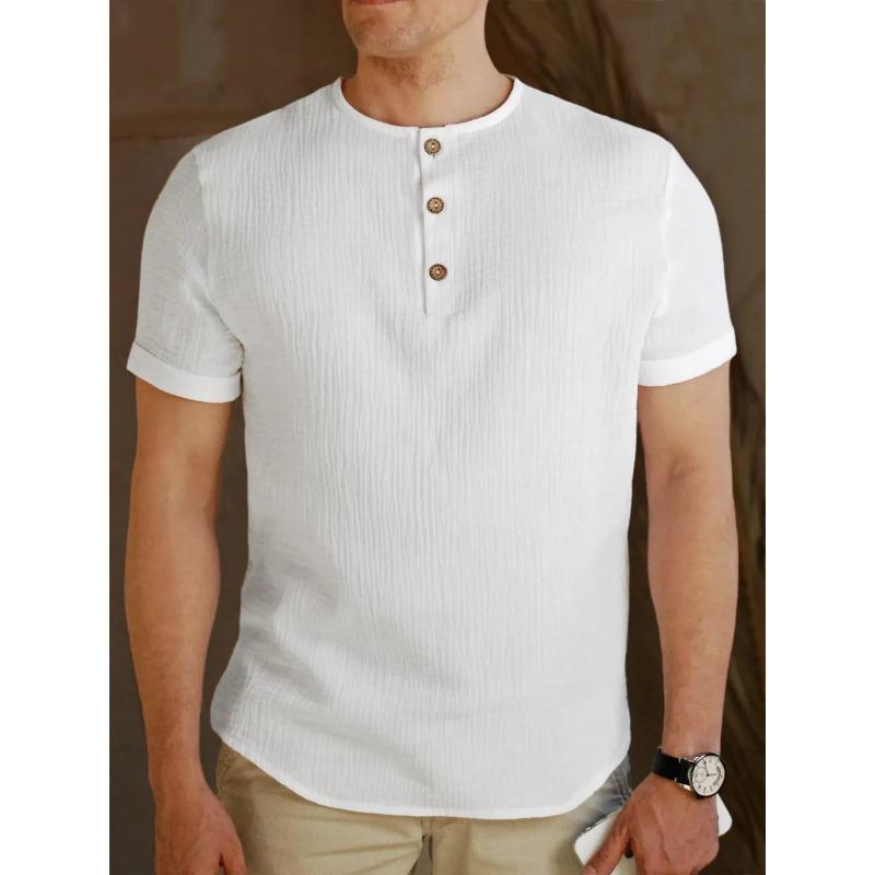 Mens Casual Linen Cotton Henley Neck Short Sleeve Button Shirt S