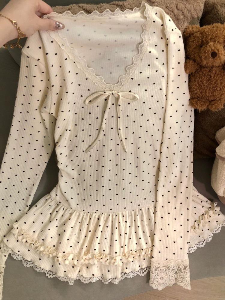260g Cotton Modal Lace Polka Dot Long Sleeve Slim Fit Women's T-Shirt