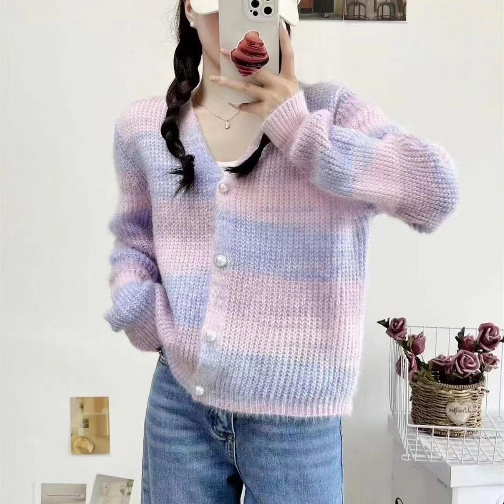 Autumn and Winter New Sweet Gentle Wind Knitted Sweater V-neck Cardigan Lazy Pole Gradual Change Rainbow Sweater Sweater Outside