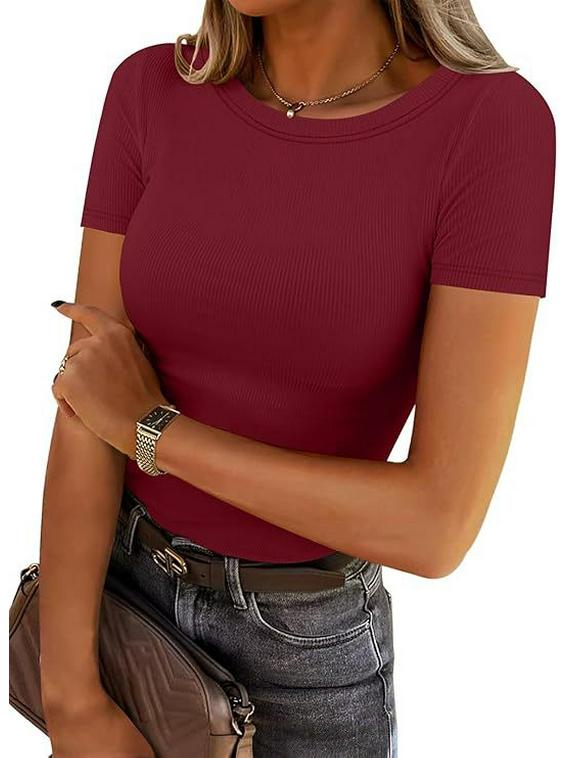 Women's Summer Ribbed Short Sleeve Stretchy Slim Fit Round Neck T-shirt