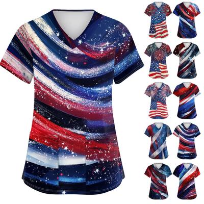 Women's Fashion V-neck Short Sleeve Workwear With Pockets Independence Day Printed Tops