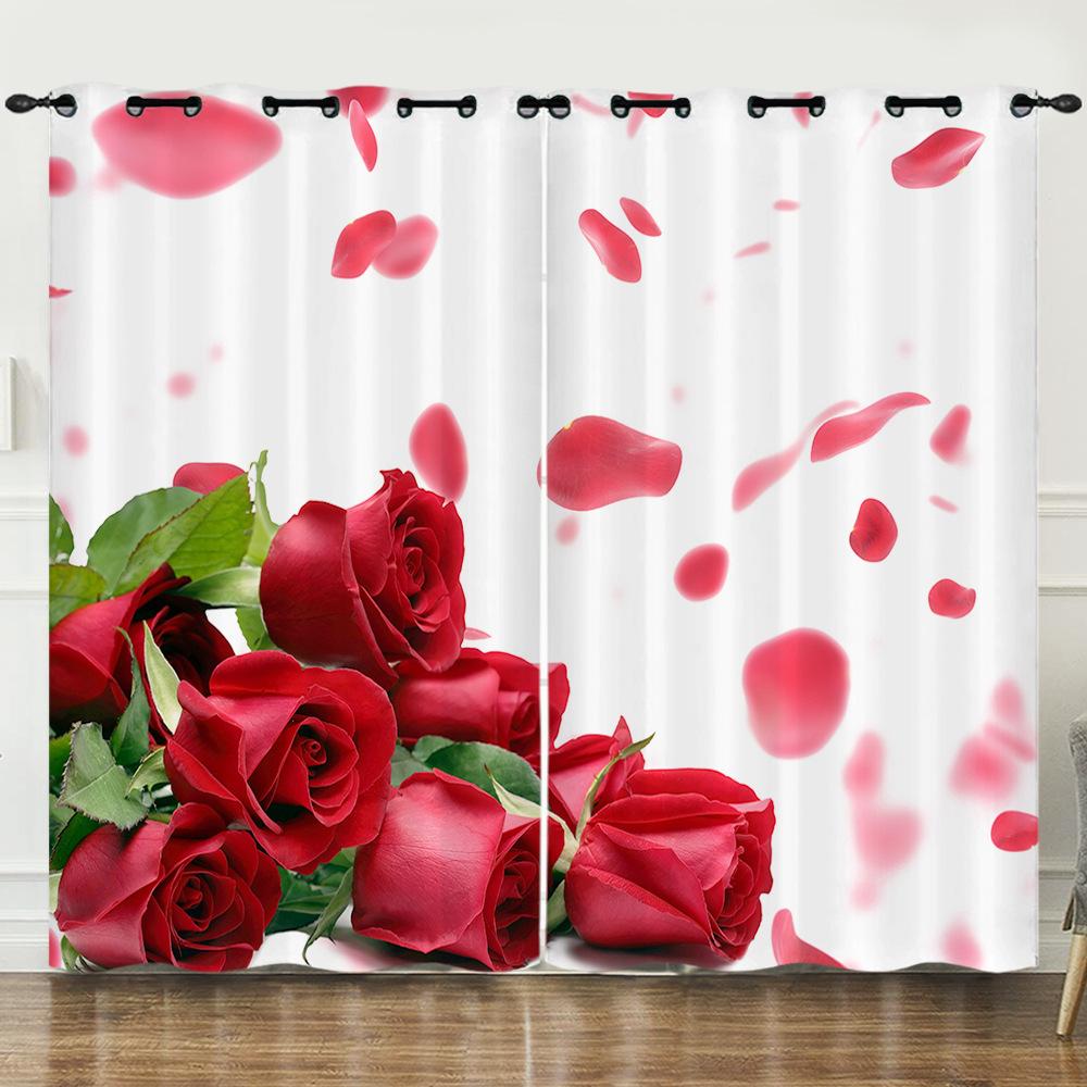 Curtains Flowers Roses Plants Flowers 3D Digital Printing Blackout Curtain Punching
