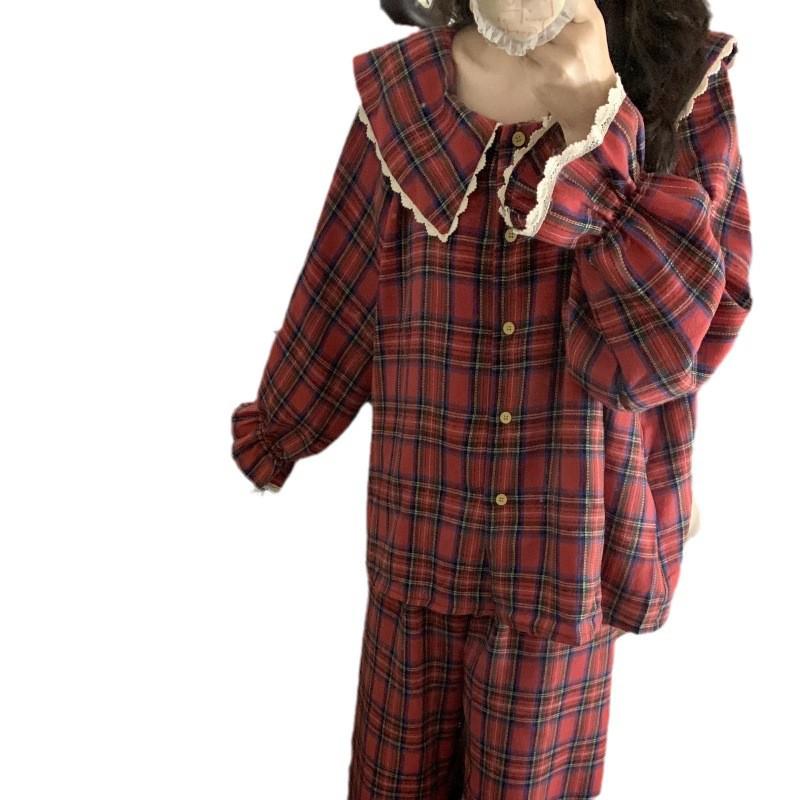 Christmas Red Plaid Lace Pajama Set: Large Lapel, Long Sleeve & Pants for Girls – Perfect for Autumn & Spring