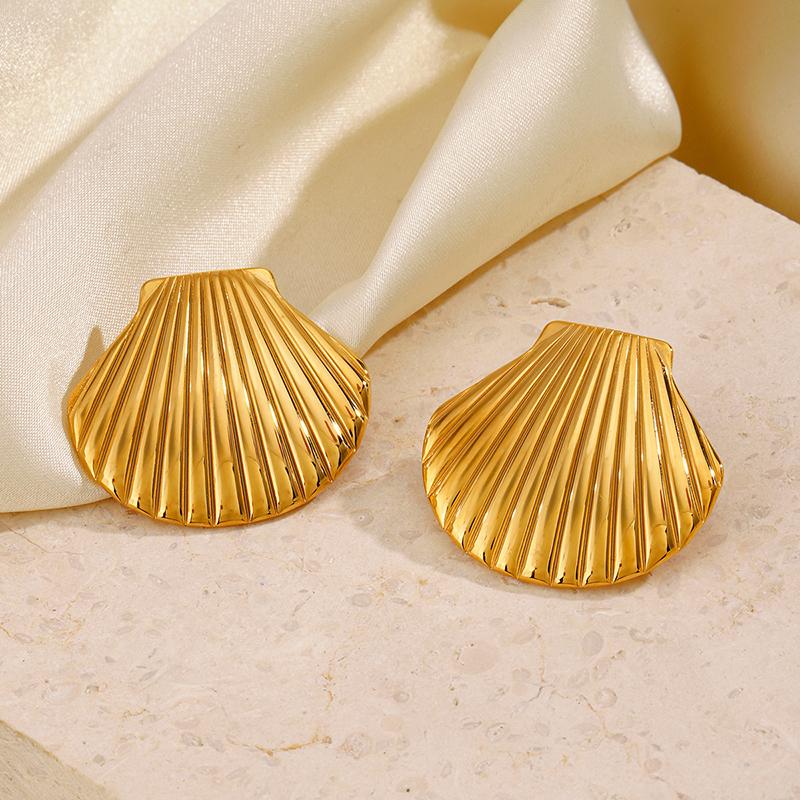 Stainless Steel Textured Shell Big Stud Earrings Distinctive 18K Gold Color Geometric Metal Waterproof Luxury Jewelry