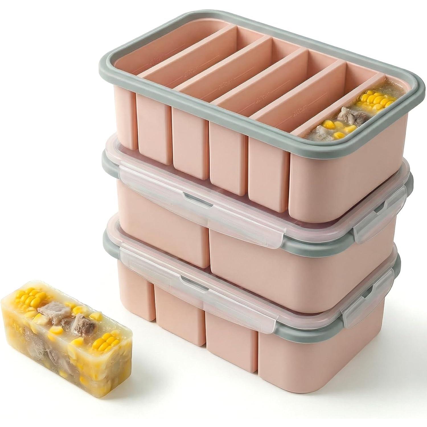 Silicone Freezer Trays with Lids, 3-Pack Meal Prep Containers, 2-Cup/1-Cup/1/2-Cup Portion Molds, Stackable, Oven & Dishwasher Safe, Pink 3-Pack розовый