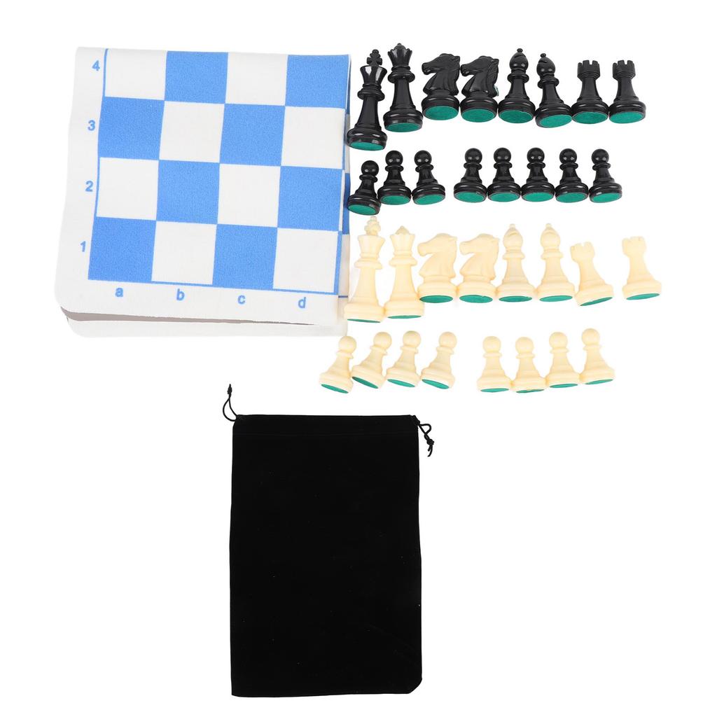 Chess Set Plastic Chess Pieces PU Blue White Chess Board Black Drawstring Pocket Chess Game Set for