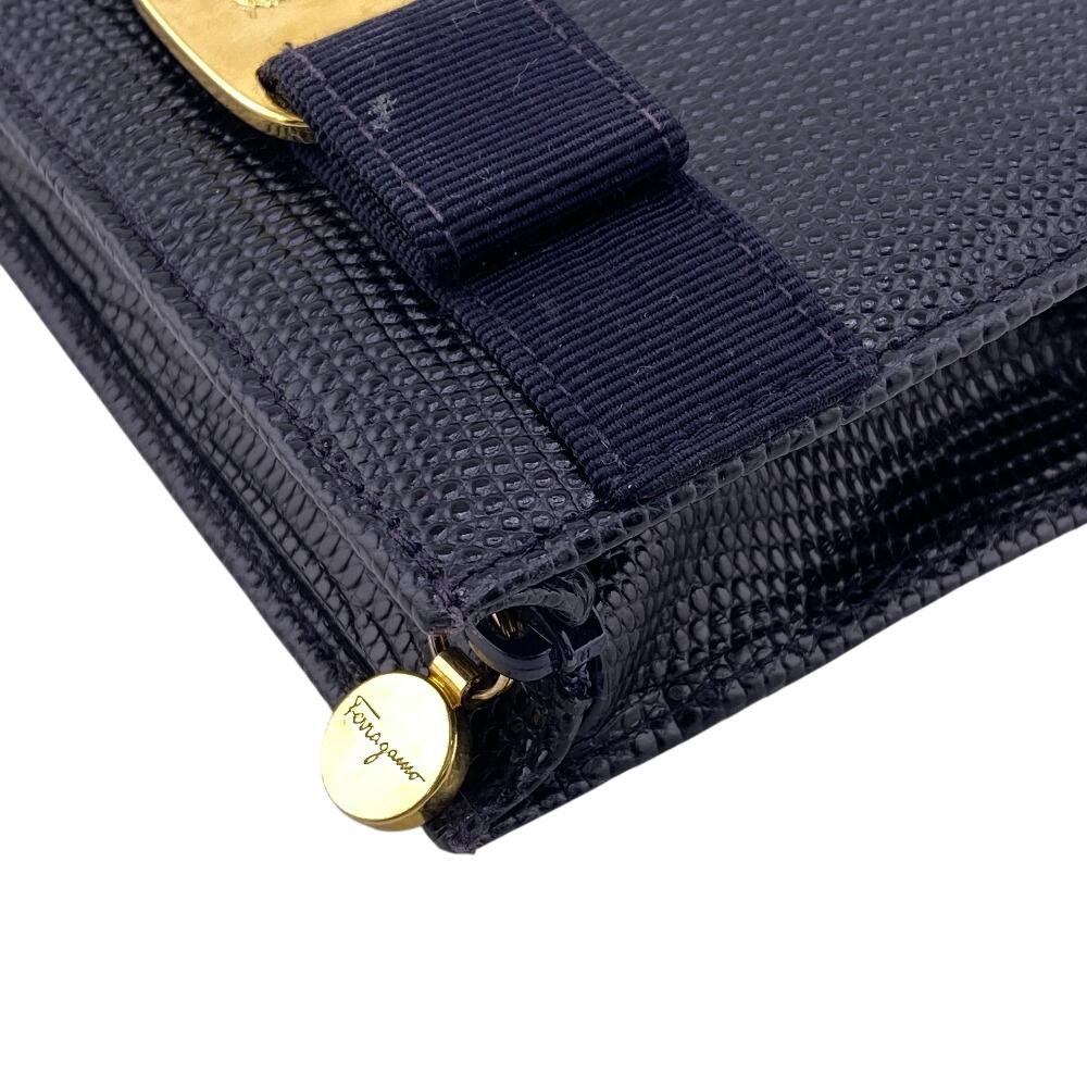 Salvatore Ferragamo Coin Pocket Key Ring Pouch Vara ribbon Lizard Coin case black Lizard Used