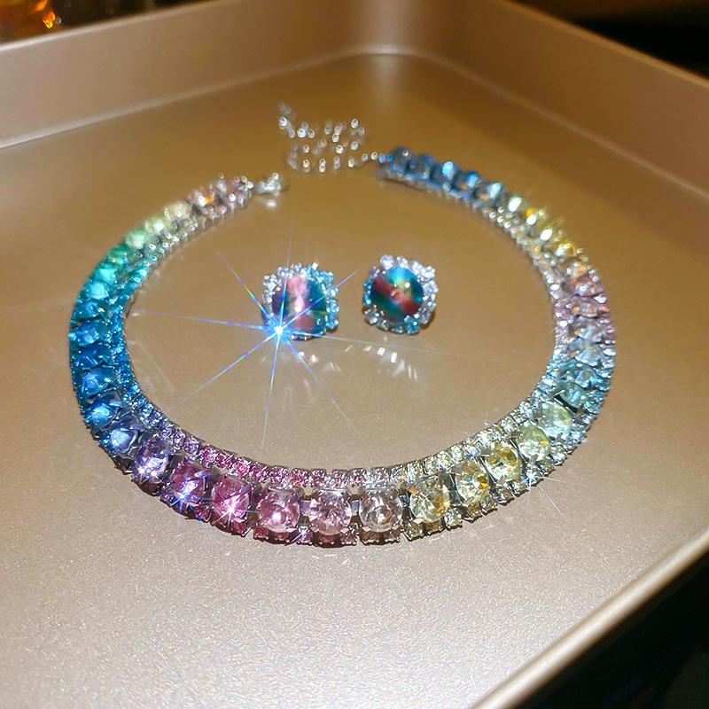 Elegant Rhinestone Square Earrings & Necklace Set – Light Luxury Clavicle Chain Jewelry for Fashionable Evening Wear