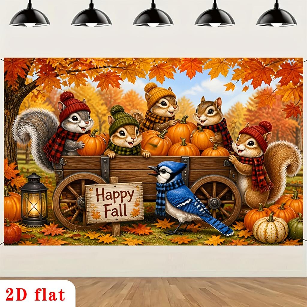 2D Plane, a Fall-themed Banner, Featuring a Wooden Carriage and Cartoon Squirrels